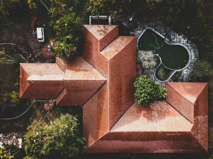 Top-down aerial view of a terracotta roof